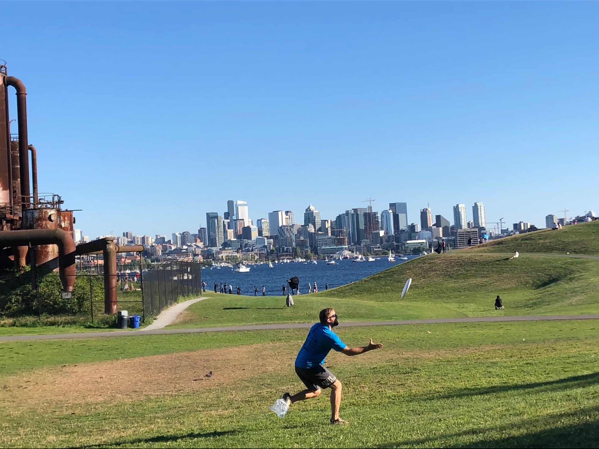 A person in a blue shirt runs on grass with a city skyline and water in the background. A person in a blue shirt runs on grass with a city skyline and water in the background.