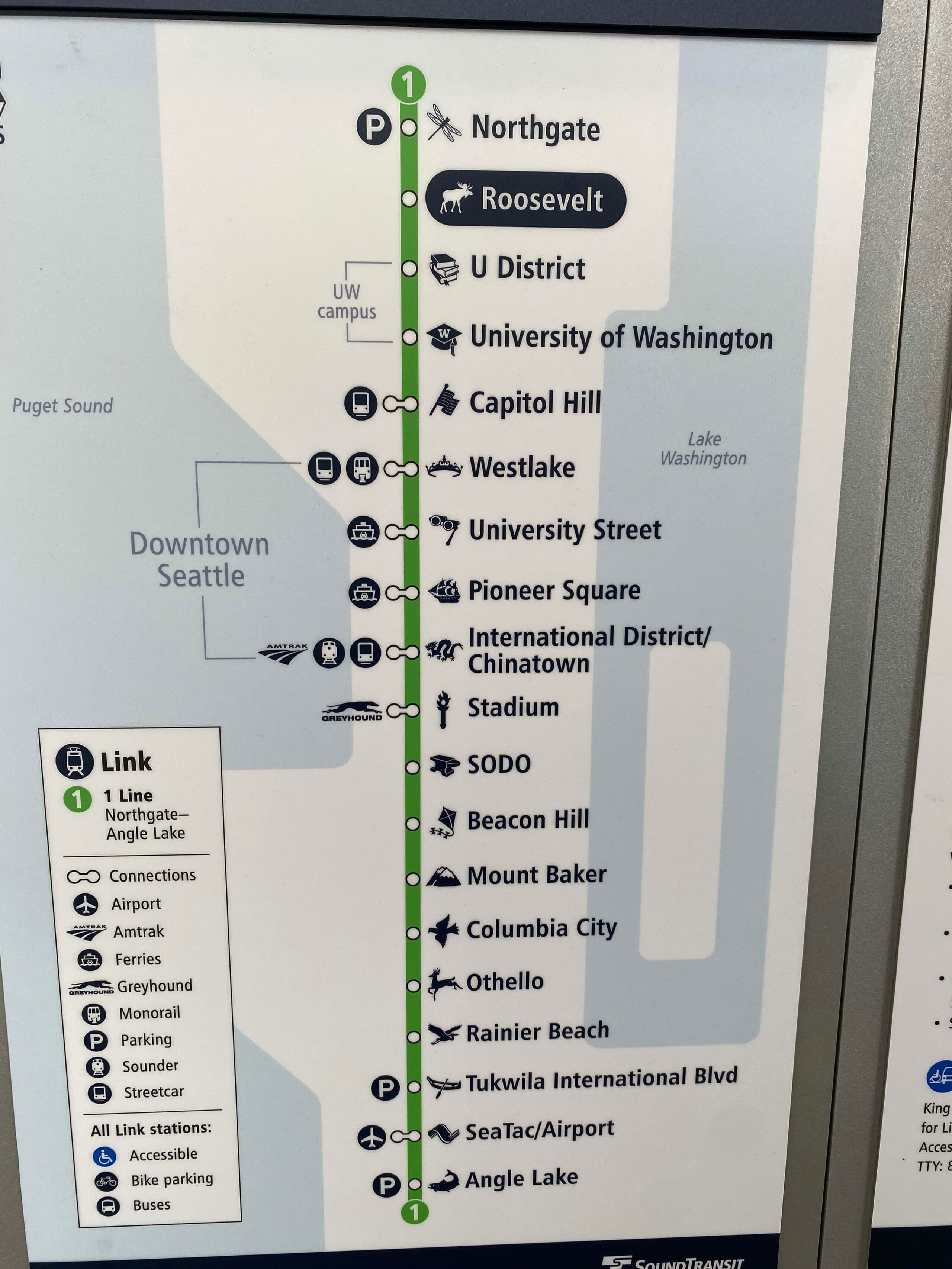 Map of the Seattle Link light rail system showing station names and connections.