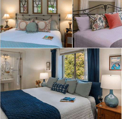 Three cozy bedroom setups featuring inviting beds with decorative pillows and lamps.