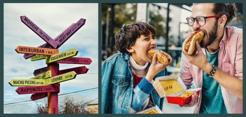 A colorful signpost points to various destinations, while a playful couple shares hot dogs at an outdoor eatery.