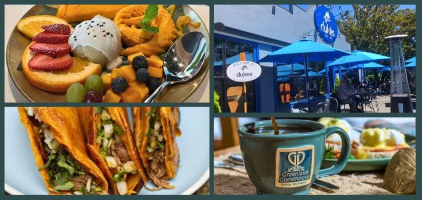 A collage featuring a variety of food items, including a fruit plate, tacos, a coffee cup, and an outdoor café setting with blue umbrellas.