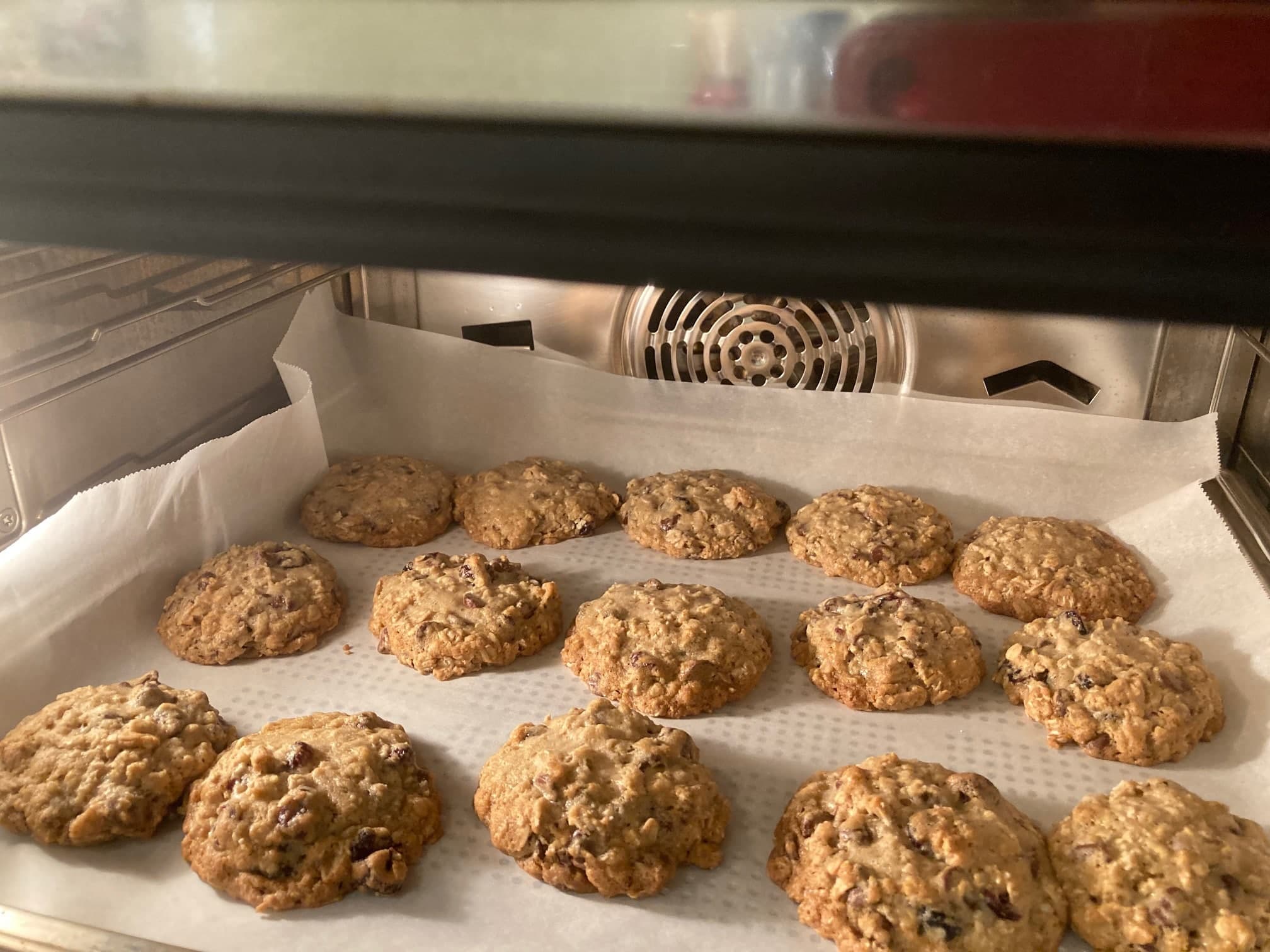 Freshly baked cookies cooling on parchment paper inside an oven.