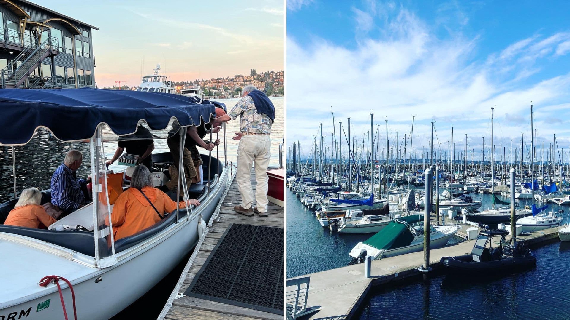A boat is boarding passengers at a dock, while the opposite side shows a marina filled with yachts under a blue sky.