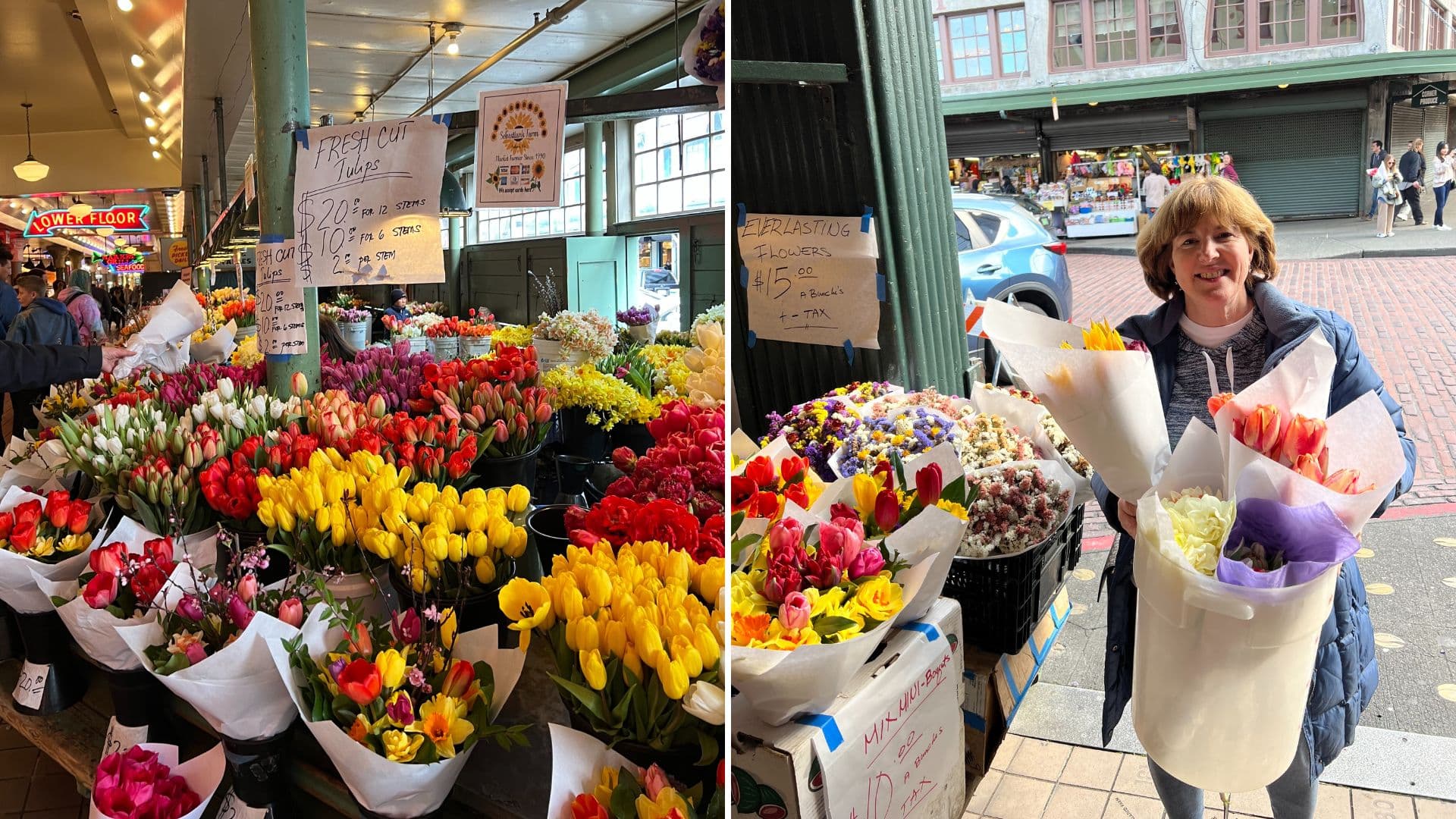 A woman stands outside a flower market, holding multiple bouquets surrounded by vibrant flower displays. A woman stands outside a flower market, holding multiple bouquets surrounded by vibrant flower displays.