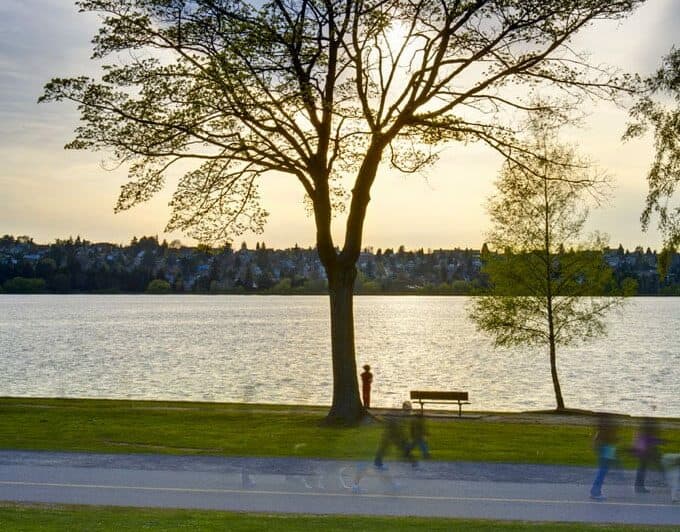 A serene lakeside scene at sunset featuring trees, a park bench, and silhouette of people walking along the shore.