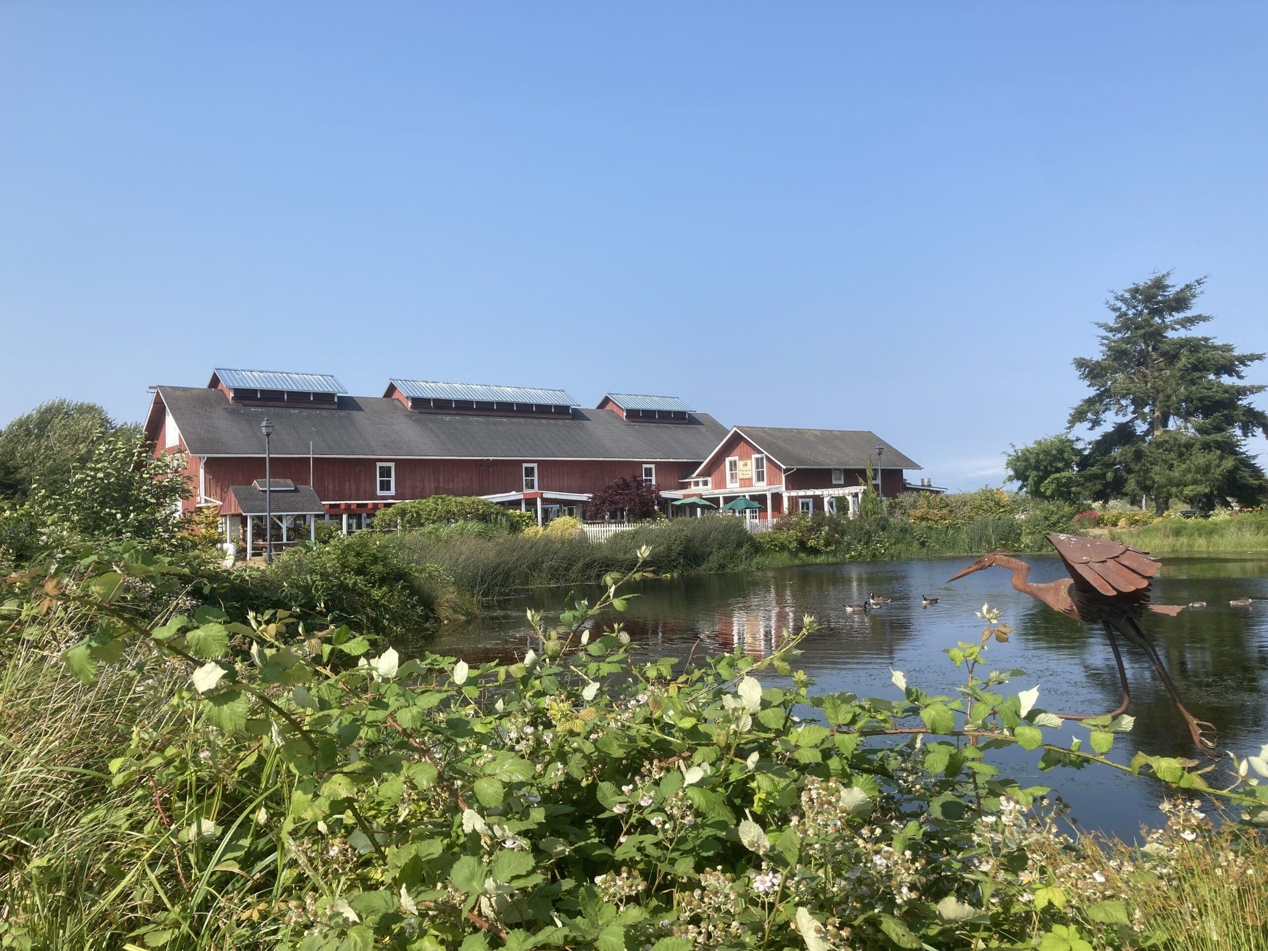 A red building with solar panels overlooks a pond surrounded by greenery.
