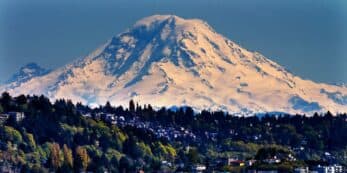 Snow-capped Mount Rainier rises majestically above a green landscape.