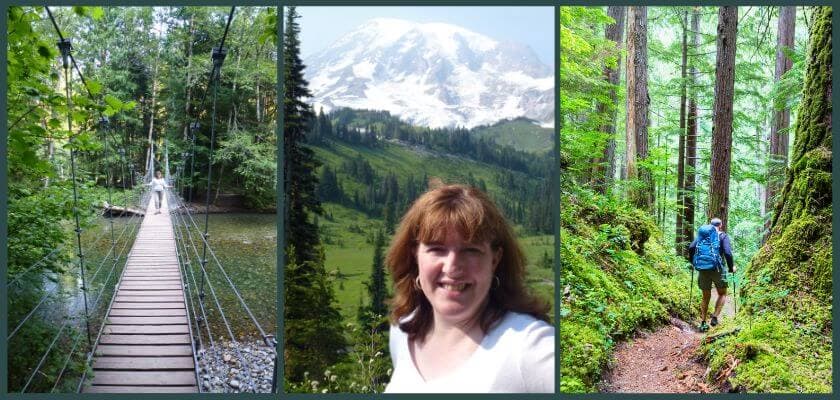trio collage from left to right woman standing on suspension bridge at mount rainier national park selfie in front of mount rainier peak and man hiking in green forest in pacific northwest
