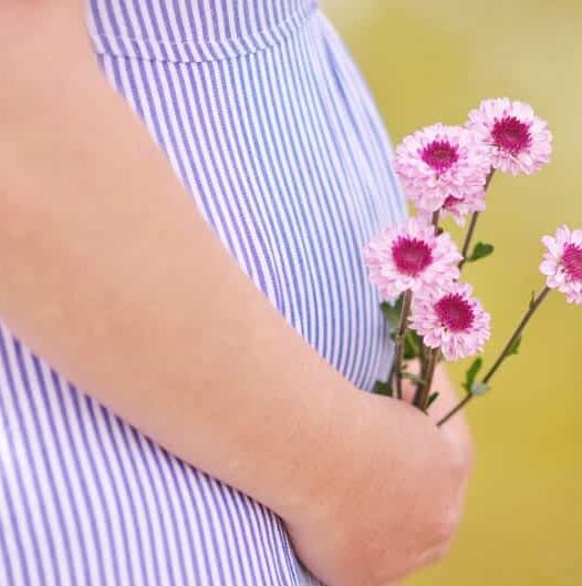 lady expecting a baby holding pink flowers on her belly