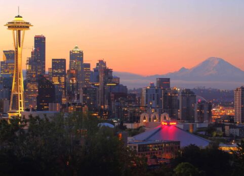 Seattle, Washington with space needle and mountains in background