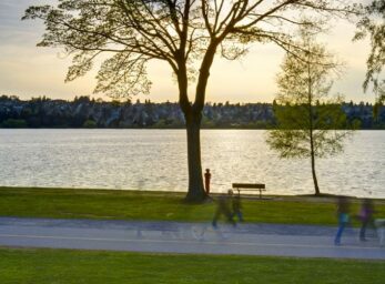 A shot of Green Lake midday with ripples on the water and people enjoying the park