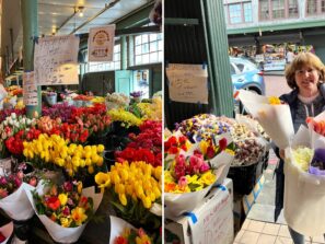 Tulips at Pike Place Market and Julie from Greenlake Guest House holding a bucket of fresh flowers
